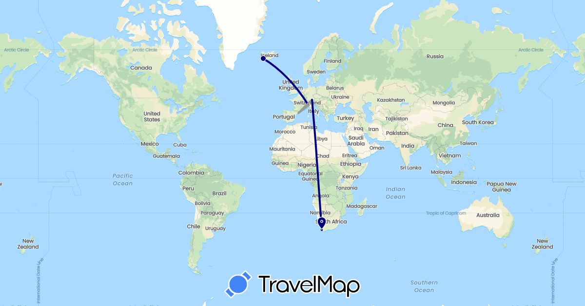 TravelMap itinerary: driving, plane in Germany, Spain, Iceland, Italy, South Africa (Africa, Europe)